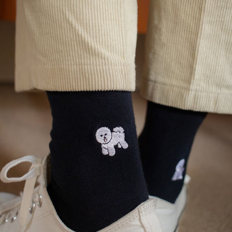 SNOOZY Bichon Puppy Embroidered Socks (Dark Navy)
