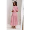 Women V Neck Puff Sleeve Tiered Maxi Dress with Waist Gathering Solid Color