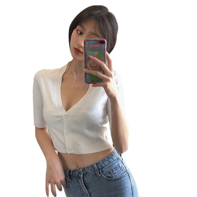 

Женский кардиган с V-образным вырезом, коротким рукавом, рубашка, пуговицы, трикотажные кардиганы, короткие топы One Size