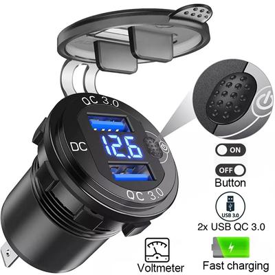 Carregador rápido de alumínio Qc3.0 Dual USB para carro com botão interruptor LED Voltage Display para carros 12V/24V Barcos Motocicleta