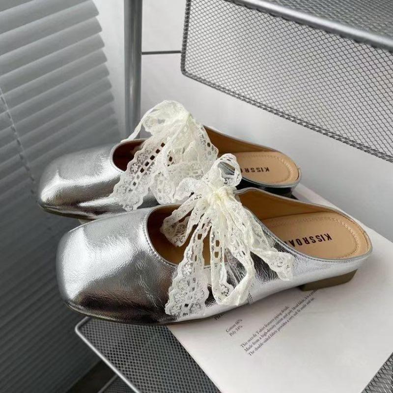 Lace bow half slippers women's spring and summer new outer wear silver thick heel soft leather shoes bag head slippers