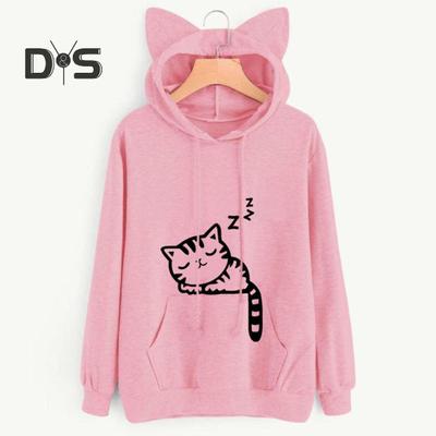 Felpa con cappuccio da donna autunno inverno con tascone, decoro orecchie di gatto, stampa gattino, maniche lunghe, pullover ampio, top per casa, scuola, sport
