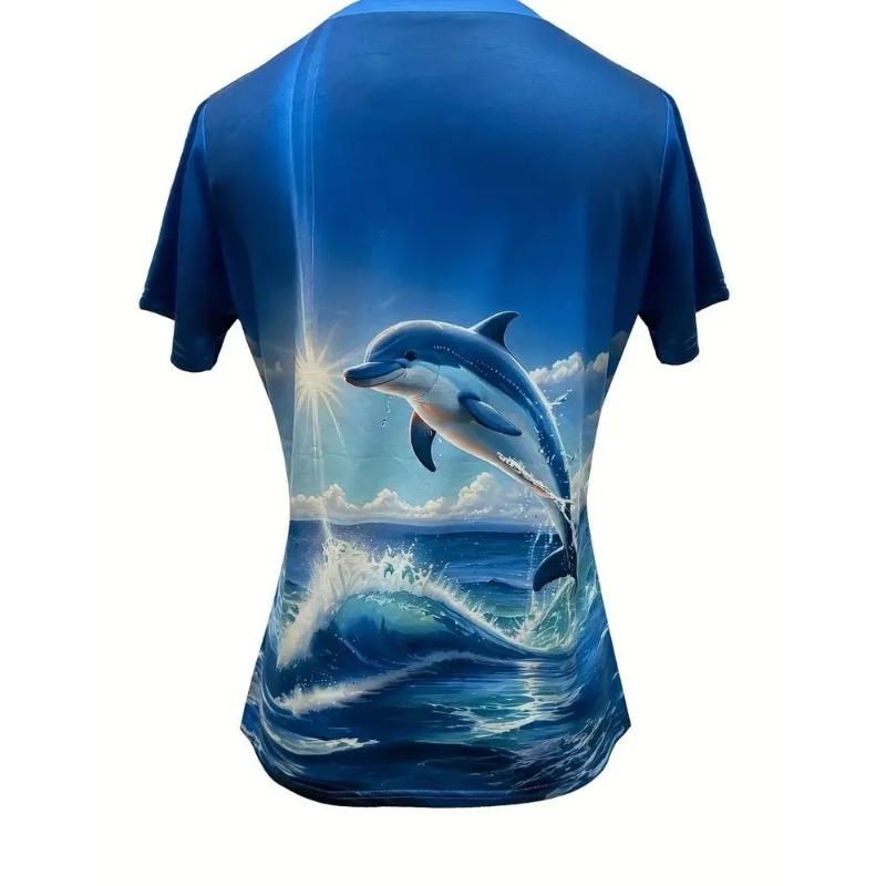 Casual Fashion Simple Abstract Painting Animal Sea Dolphin Breathable 3D Printed Round Neck Short Sleeve T-shirt Casual Sports Shirt