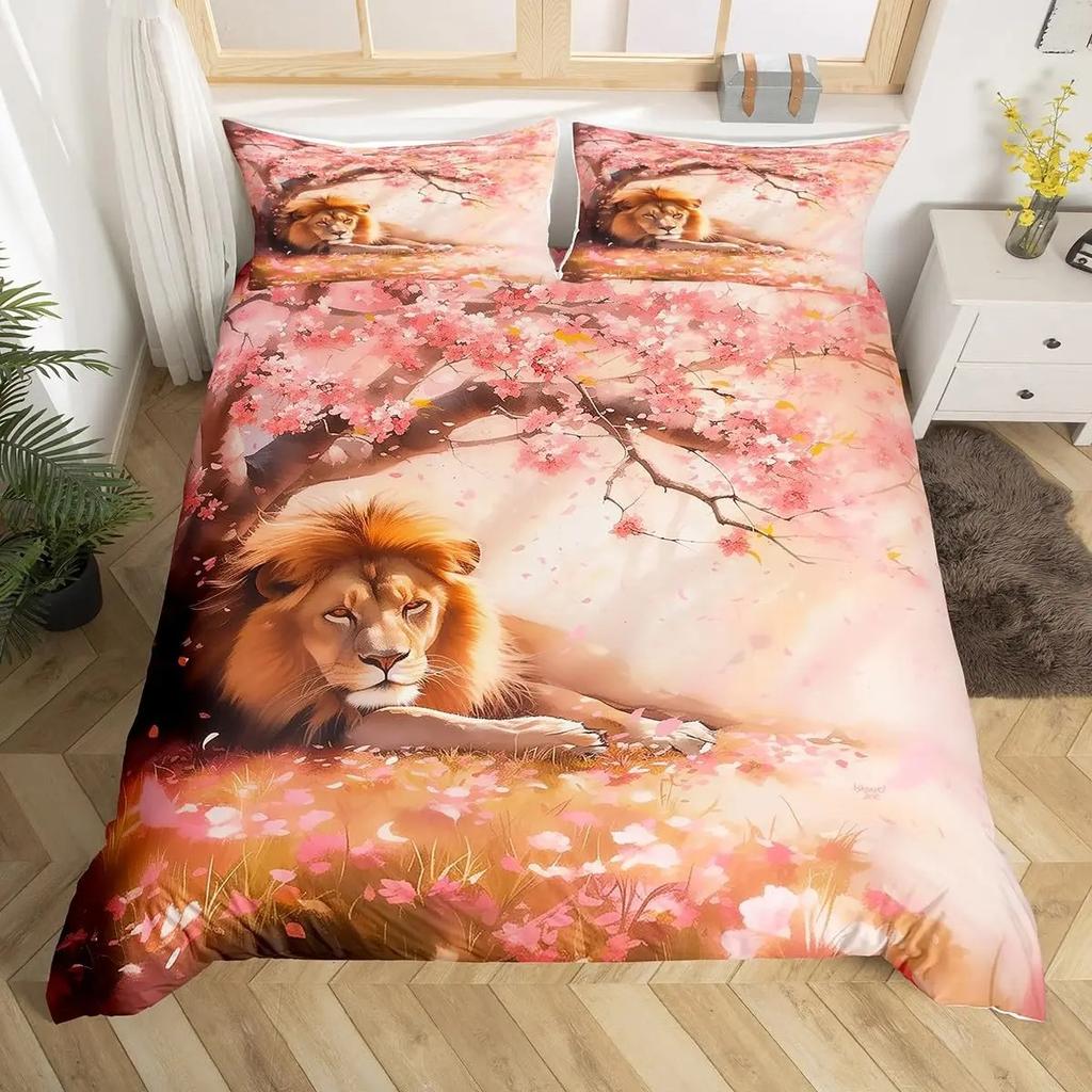 Lion Duvet Cover Set King Queen Hand Drawn Animal Bedding Set Graffiti Abstract Art Quilt Cover Wildlife Vintage Comforter Cover