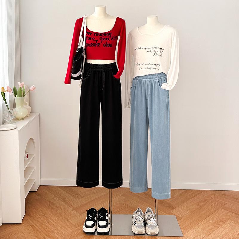 

Tennis Jeans for Women with High Waist Ice Silk Summer Thin Light Color Thin Style Slimming and Narrow Version Straight Wide-leg Pants M чёрный