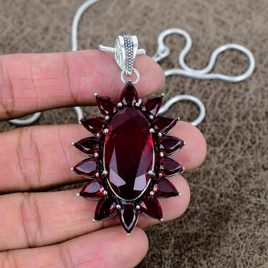 Garnet Gemstone Handmade 925 Sterling Silver Jewelry Pendant 2.48" KKG-297