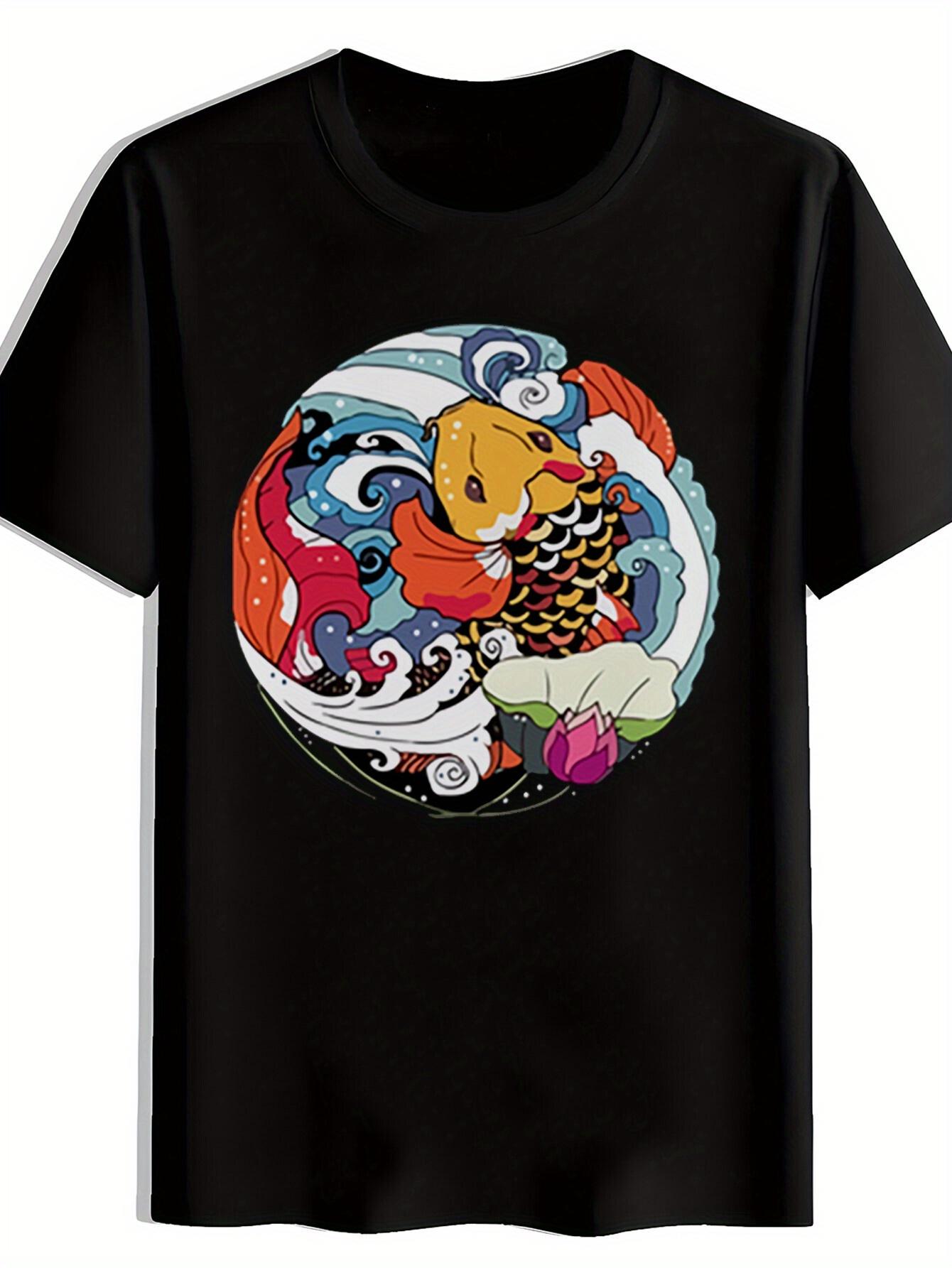 Japanese-Inspired Graphic T-shirt - Vibrant Dragon & Wave Design XXXL