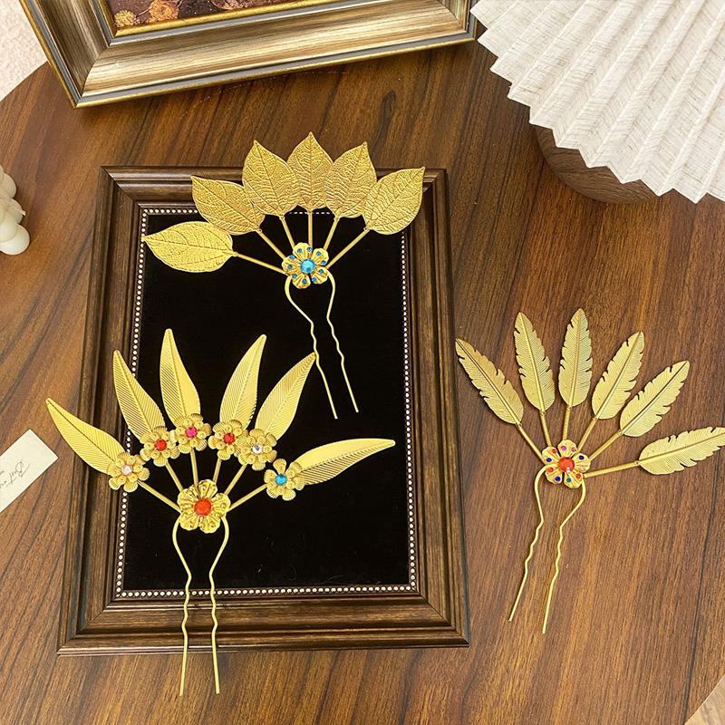 1PC Headwear Headdress Vintage Flower Rhinestone Hair Accessories Hairpin Ethnic Thai Hair Sticks Metal Leaves U-shaped