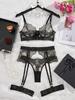 New Design Delicate Embroidery Lace See Through Women's Lingerie Set Sexy Luxury Garter Belt Mesh Bra and Panty Set