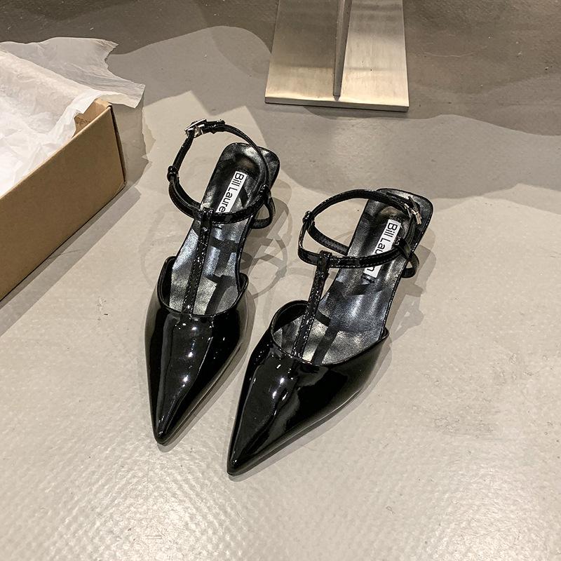 

Туфли-лодочки на высоком каблуке весна и лето новая обувь лакированная заостренный вырезной яркая кожа Т-образный ремешок на танкетке сандалии женские 40 чёрный