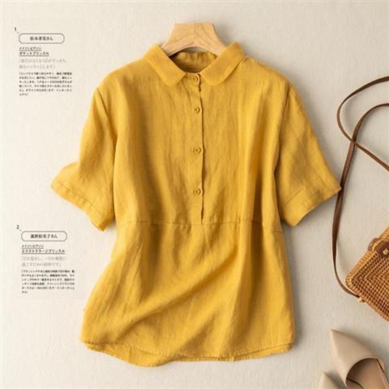 Solid Color Short-Sleeve Pullover Linen Shirt for Women, Vintage Hong Kong Style Cotton-Linen Blouse, 2026 Spring/Summer New Arrival M:Suggestions105below Cat жёлтый