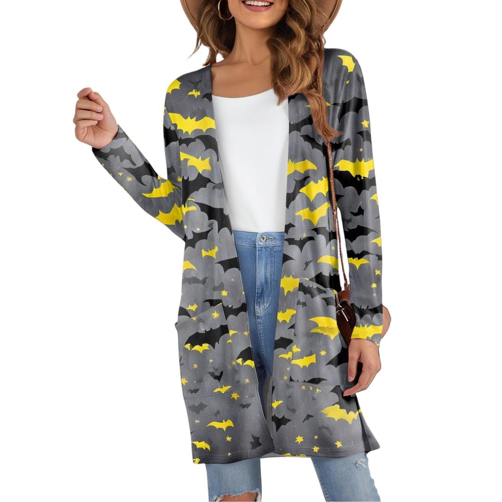 Cardigan da Donna Casual Comodo con Stampa di Halloween di Media Lunghezza con Tasche Giacca
