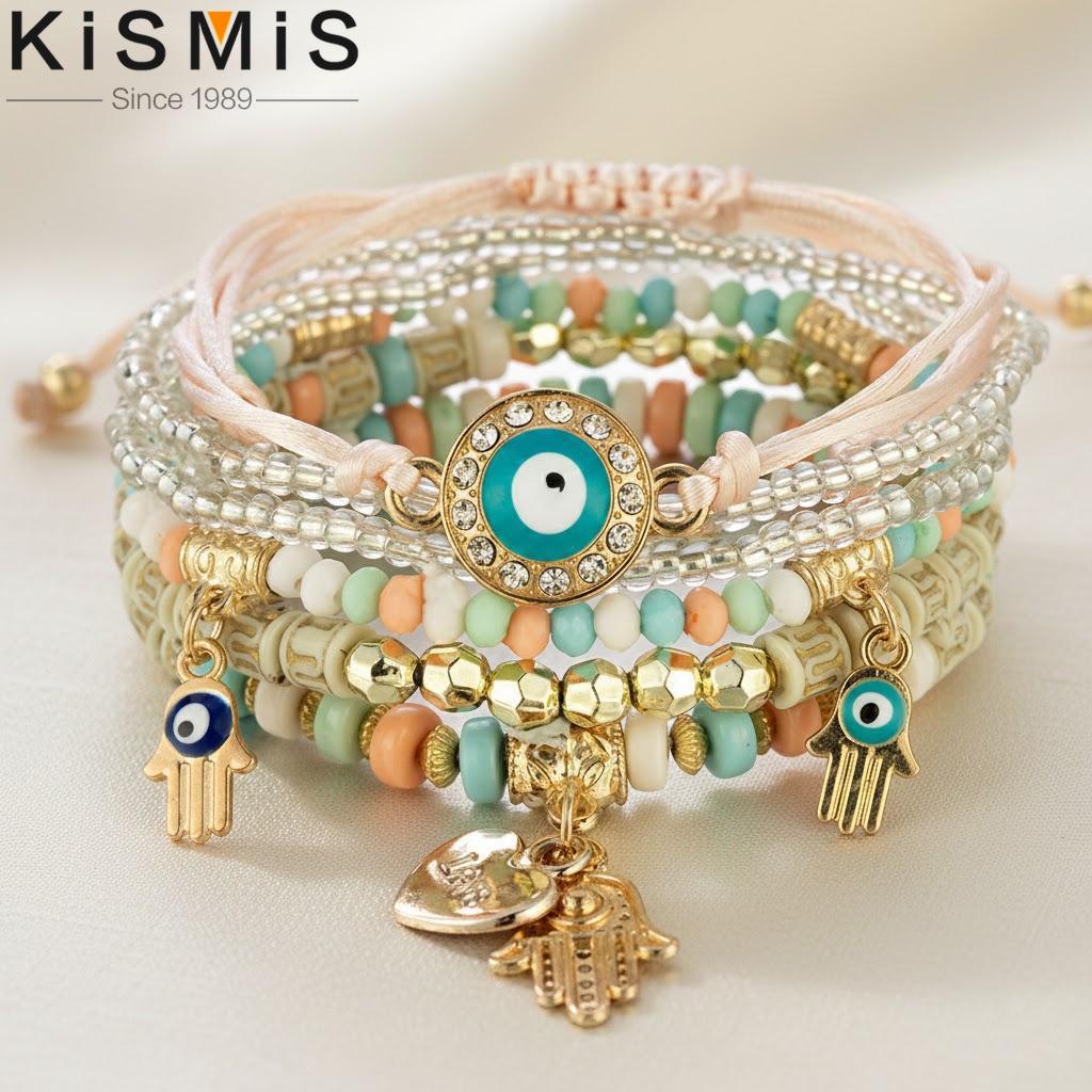 6Pcs Bohemian Stretch Beaded Bracelets Multi Layer Evil Eye Hand Bracelet Stackable Handmade Jewelry Accessories