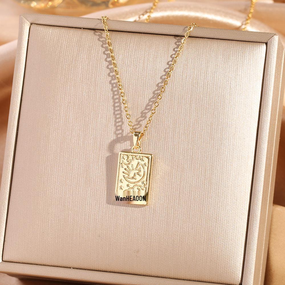 Retro Tarot Sun Moon Stars Pendant Necklace - Titanium Steel Card Chain