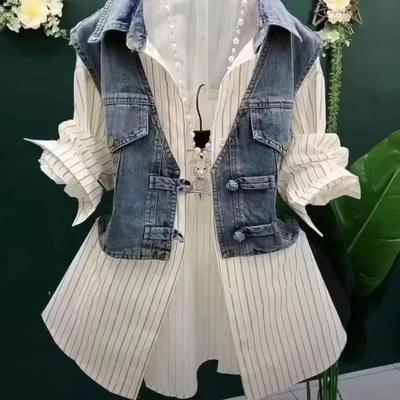 Damen Frühling und Herbst Casual Design Denim Shirt Splicing Square Kragen Temperament Tops