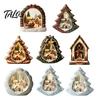 Christmas Tree Wooden Figurines Tabletop Decor with Warm LED Lights, 2D Printed Snow Village Scene Decorative Church And Sleigh Sets Santa Reindeer
