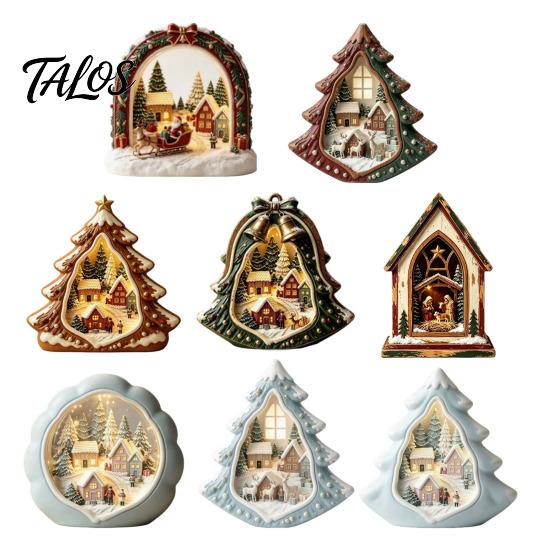 Christmas Tree Wooden Figurines Tabletop Decor with Warm LED Lights, 2D Printed Snow Village Scene Decorative Church And Sleigh Sets Santa Reindeer