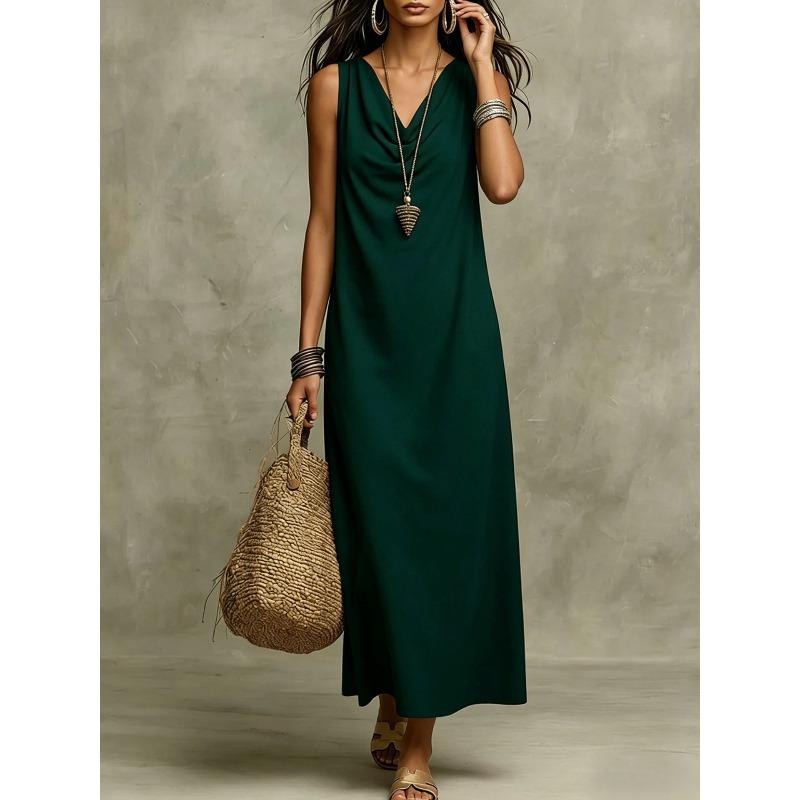 JPNTKY Women's Fashion Summer Spring Solid Color V-Neck Sleeveless Print Casual Dresses