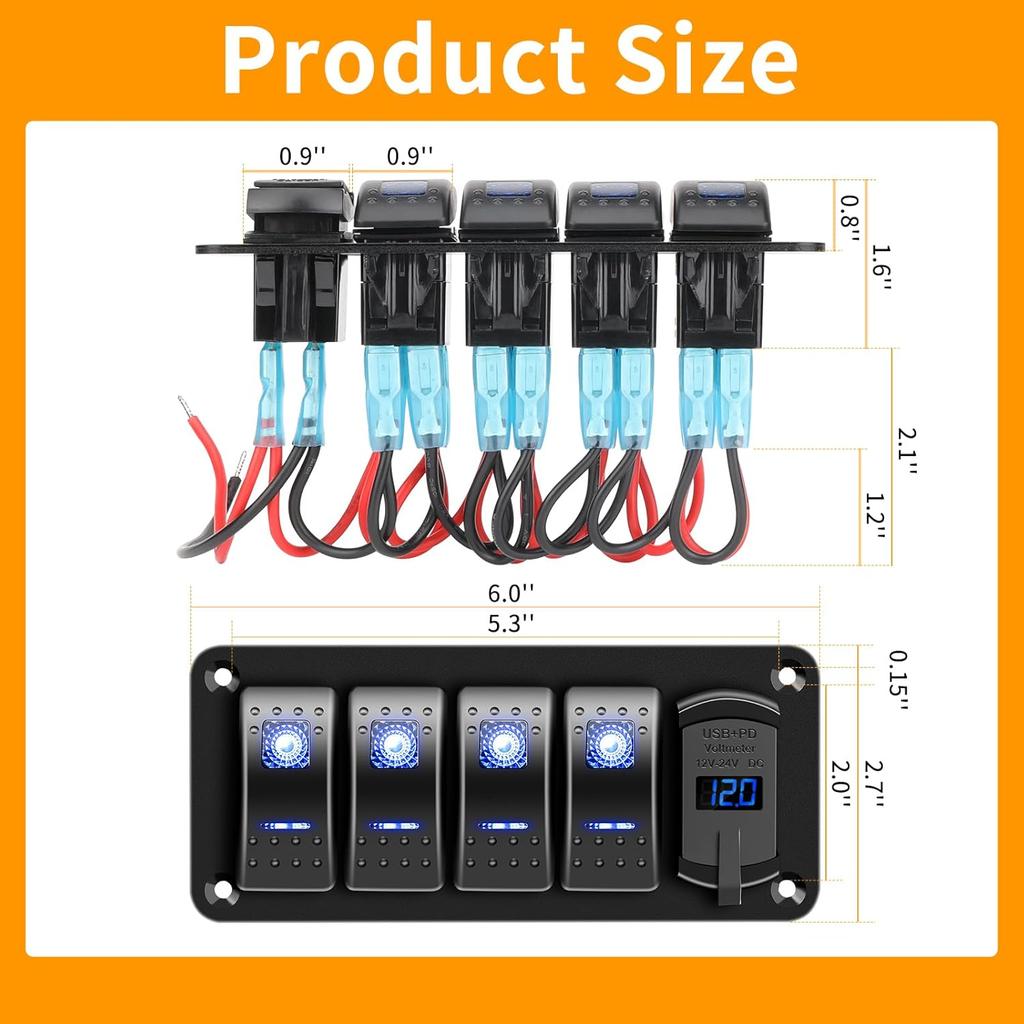 4 Gang IP68 Waterproof Boat Rocker Switch Panel DC 12-24V LED Digital Voltmeter + Dual USB (QC 3.0 & Type-C) Fast Charging Pre-Wired Toggle Switch
