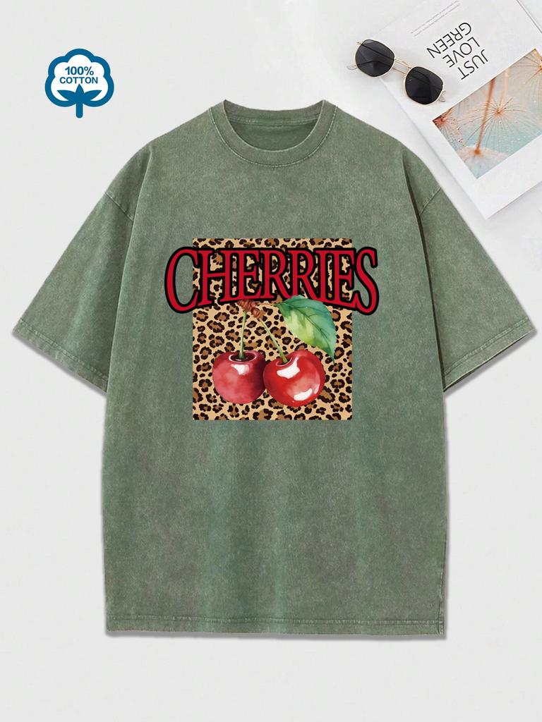Kreatives Leopardenmuster Kirschen Fruchtmuster Gewaschenes T-Shirt Damen Lässig Baumwoll T-Shirts Hip Hop Weich Kurzarm Lockeres Oberteil