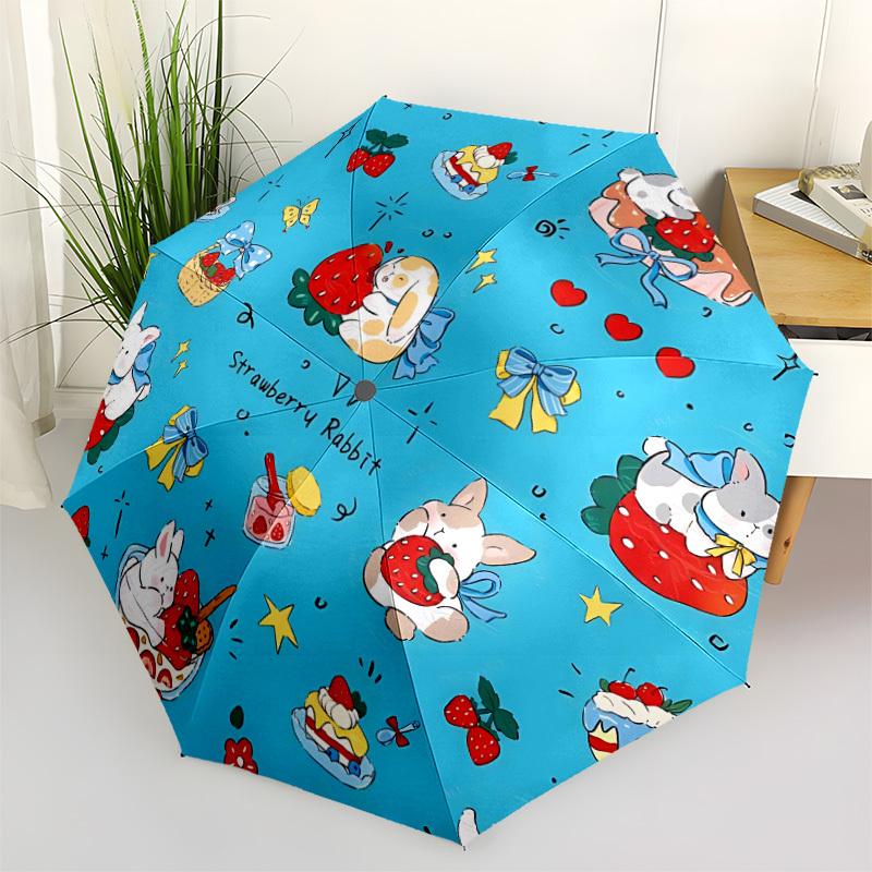 1pc Strawberry Rabbit Auto Open/close Leisure Umbrella, 8-Rib Sturdy Structure, Portable Travel Umbrella, Parties, Everyday Use, Outdoor Acc