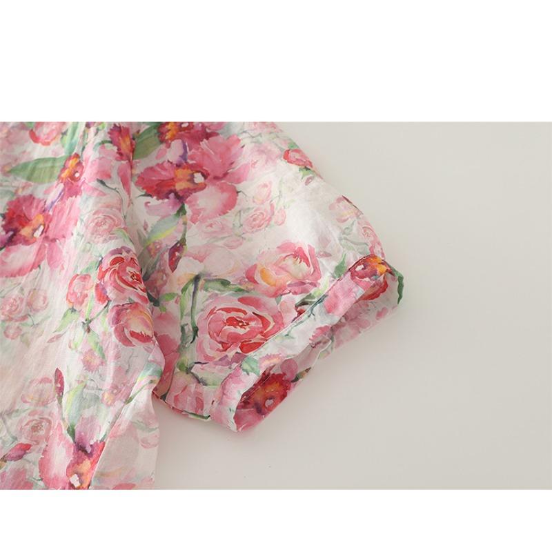 Damen Lapel Kragen Kurzarm Aquarell Rose Blumendruck Dünn Ramie Knopfleiste Bluse