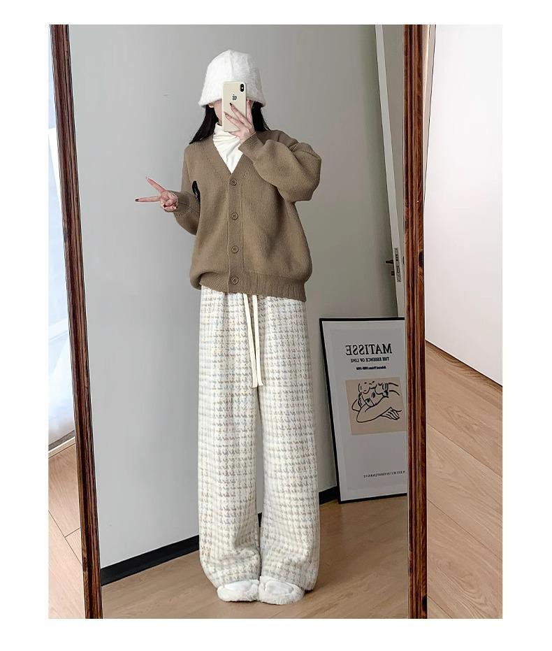 Women's High-Waist Plaid Houndstooth Velvet Pants - Coffee Blue, Wide-Leg, Wool Blend, Petite, for Autumn/Winter