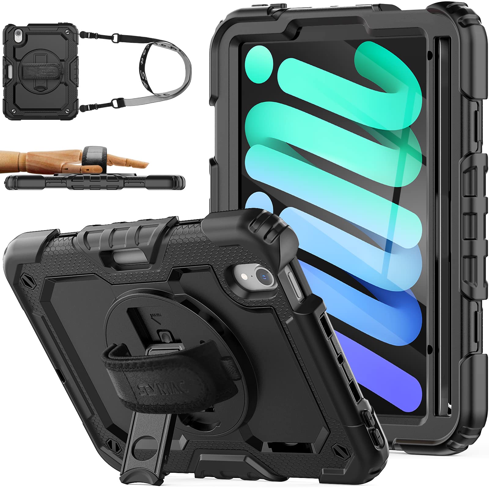 

SEYMAC stock case for iPad mini 7/mini 6, shockproof, pen holder, front cover with film, landscape/portrait stand, 360-degree rotating hand strap, and
