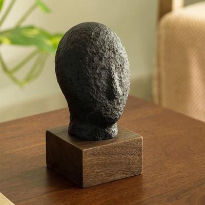 Handcrafted Calm Face Ecomix Sculpture - Matte Black Eco-Friendly Modern Home Decor Art - Serene Tabletop Ornament