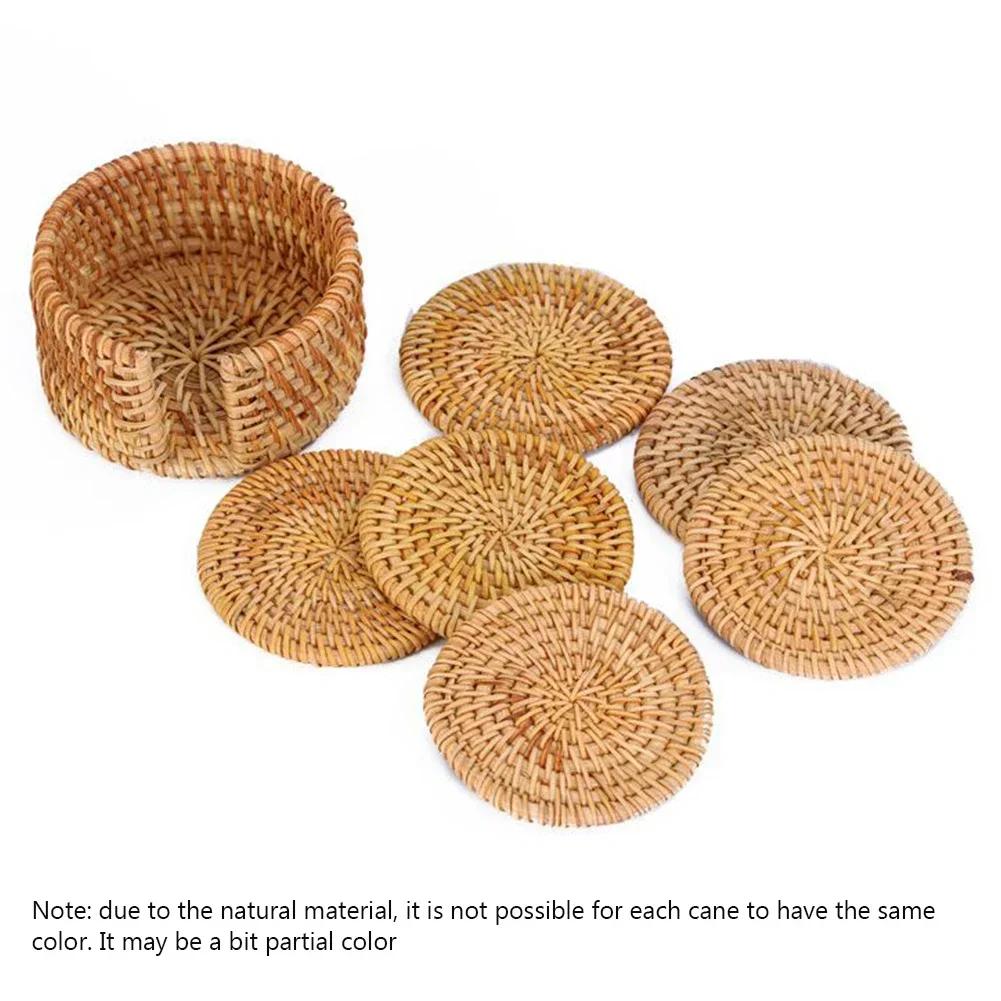 6 Stück Gewebte Rattan-Untersetzer-Set Mit Halter Tischmatte Platzdeckchen Kaffee Tee Tasse Untersetzer Topf Schüssel Matte Glasboden Küchenzubehör