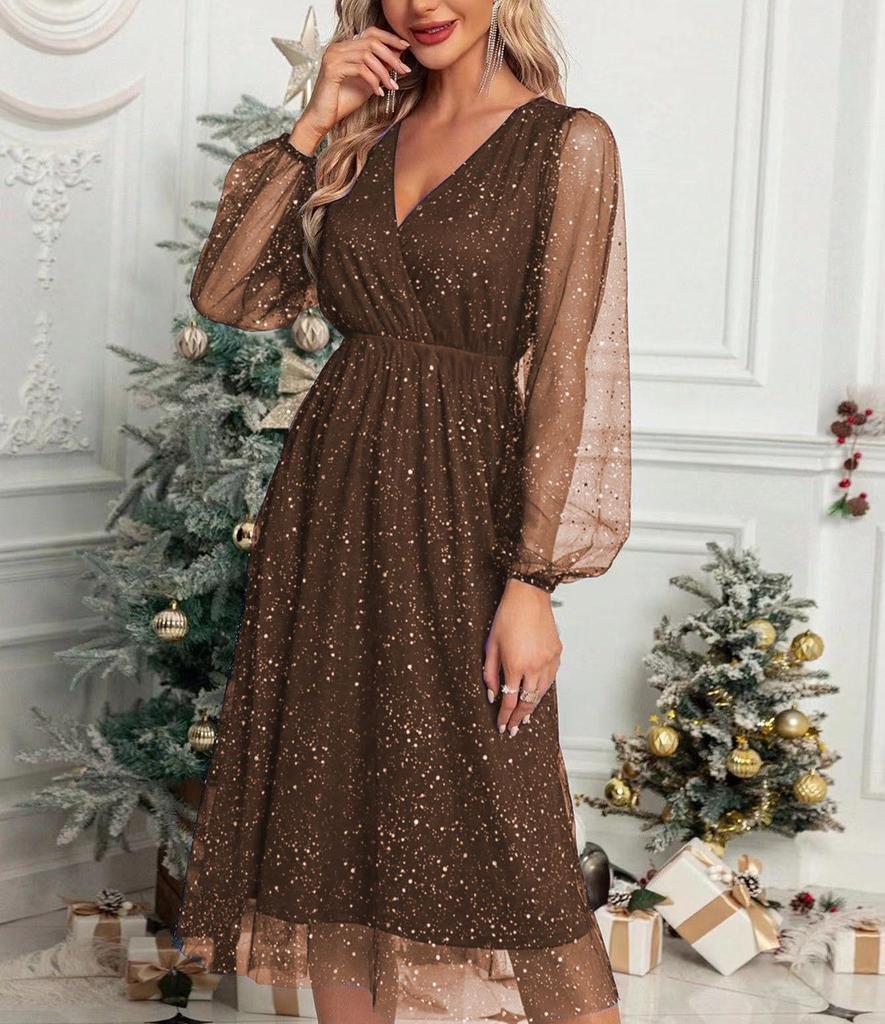 V-Neck Elegant Patchwork Mesh Dress with See-Through Powder Detailing - 2023 Europe & America Collection