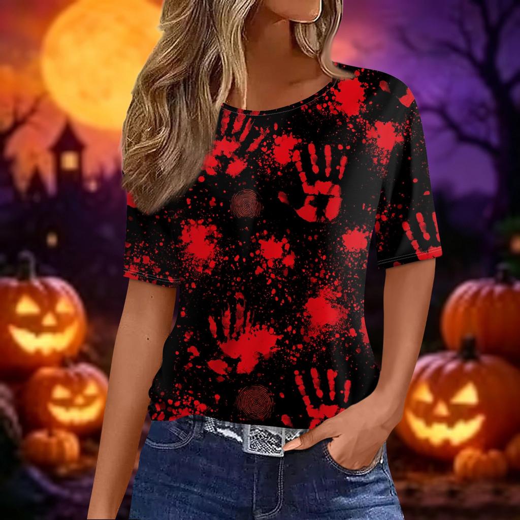 Women's Casual Short Sleeve Crewneck T-Shirt with Halloween and Pumpkin Print for Fall Parties
