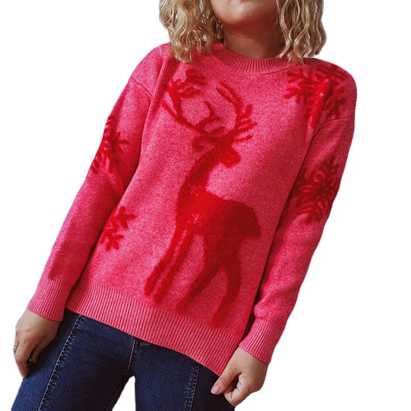 Autumn and Winter Round Neck Long Sleeved Christmas Sweater New Year Snowflake Deer Jacquard Knitted Pullover 3572
