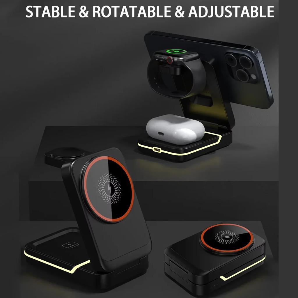 3 in 1 Magnetic Foldable Travel Fast Wireless Charger Stand For Magsafe iPhone 16 15 14 13 12 Pro Apple Watch 2-9 SE Airpods Pro