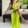 2026 Womens Sleeveless V-Neck Long Dress With Asymmetrical Hem Side Slit Solid Color Elegant Fit-and-Flare Style