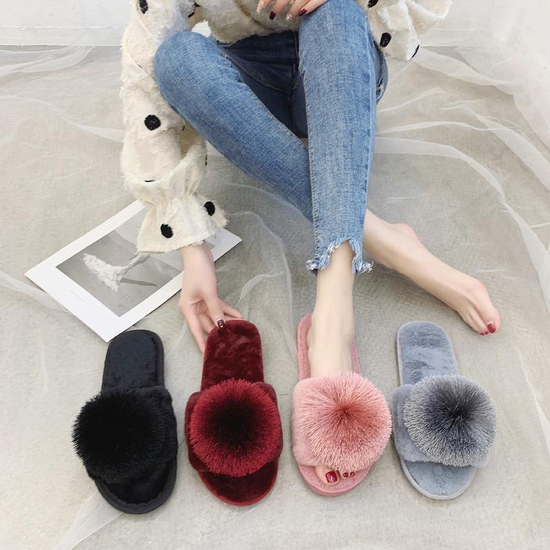 Mao Mao slippers 2025 new Korean version of home one-word slippers fashion ball warm indoor cotton mop