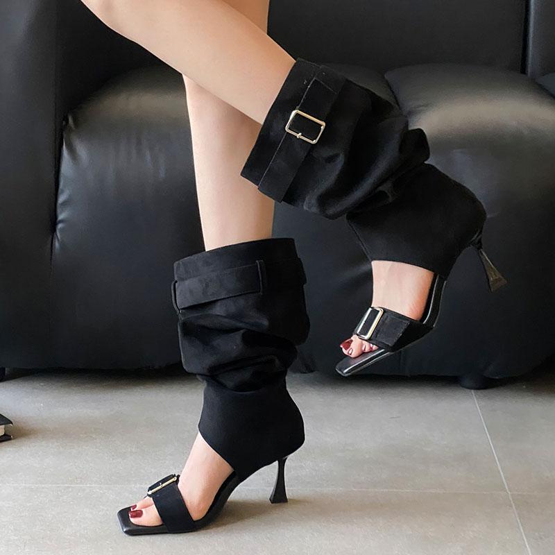 

Fashion New In Ladies Heeled Pumps Sandals Knee High Boots Fashion Square Toe Female Open Toe Footwear Flock Women Thin Heels Shoes 35 чёрный