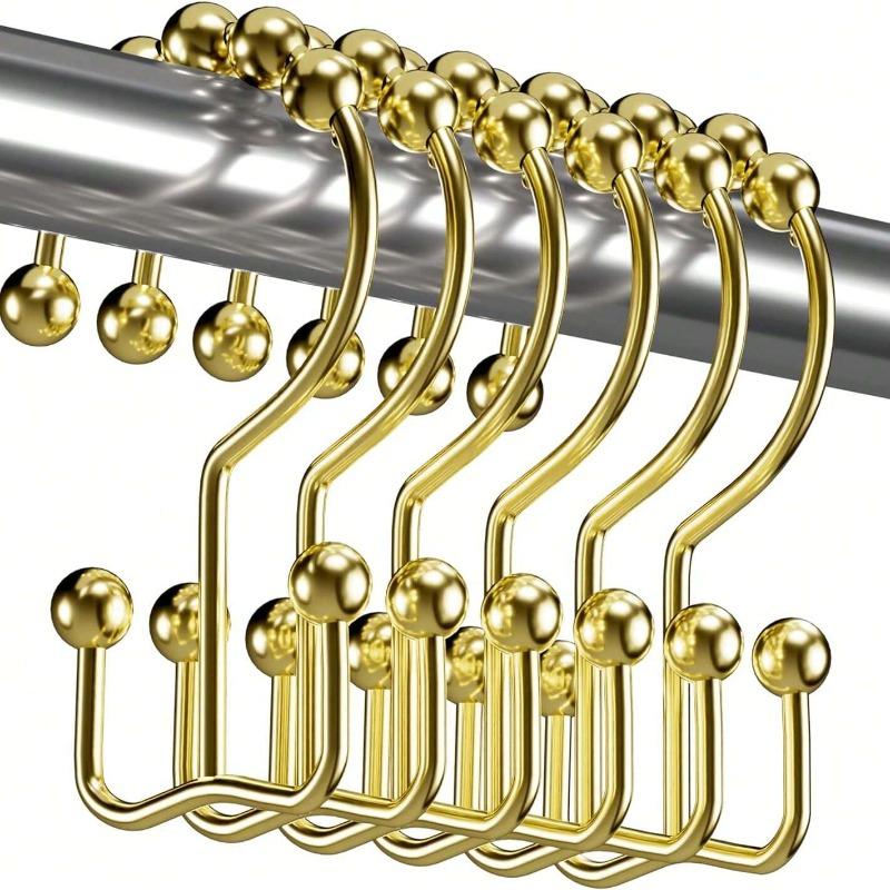 Gold Color Shower Curtain Hooks With Sliding Rolling Balls For Durability, Waterproof And Rustproof, Decorative Bath Curtain Double Hooks