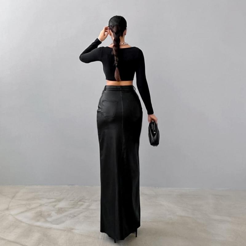 Pu Faux Leather Skirts Women Casual Office High Waist Warm Split Long Lady Skirt Autumn Winter Fashion New Lady Streetwear