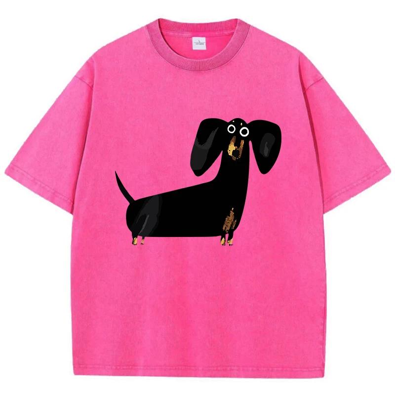 Funny Dachshund Dog Printing Washed T-Shirt Women Cotton T Shirts O-Neck Oversized Acid Wash Tops Summer Clothes