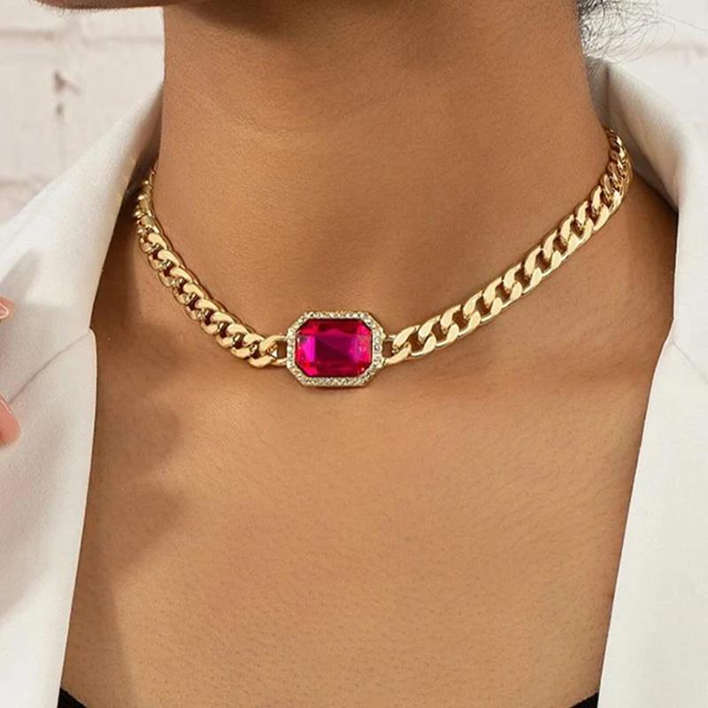 Obega Fashion Collana a Catena Cubana Scintillante Pietra di Cristallo Verde Colore Fucsia Brillante Strass Quadrati Sexy Choker
