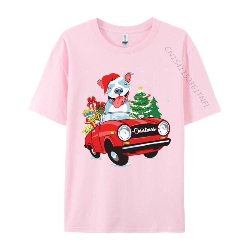 Cute Pitbull Dog Santa Hat Red Car Christmas T Shirt Tees High Quality Cotton Printed Gift T Shirt Men 100 Cotton