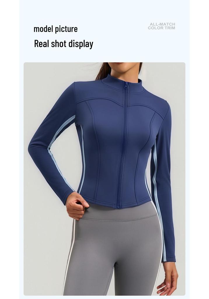 Women's Autumn & Winter Stand-up Collar Yoga Jacket, Waist-cinching Slim Fit, Long-sleeve, Outdoor Sports, Double-stitched Color-block Design.