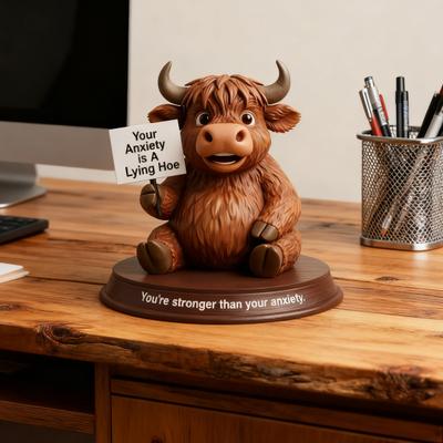 Highland Cow Figurine Emotional Support Highland Cow Statue Resin Cow Ornament with Funny Quotes Straight-Talking Companion for Office Desk Bookshelf
