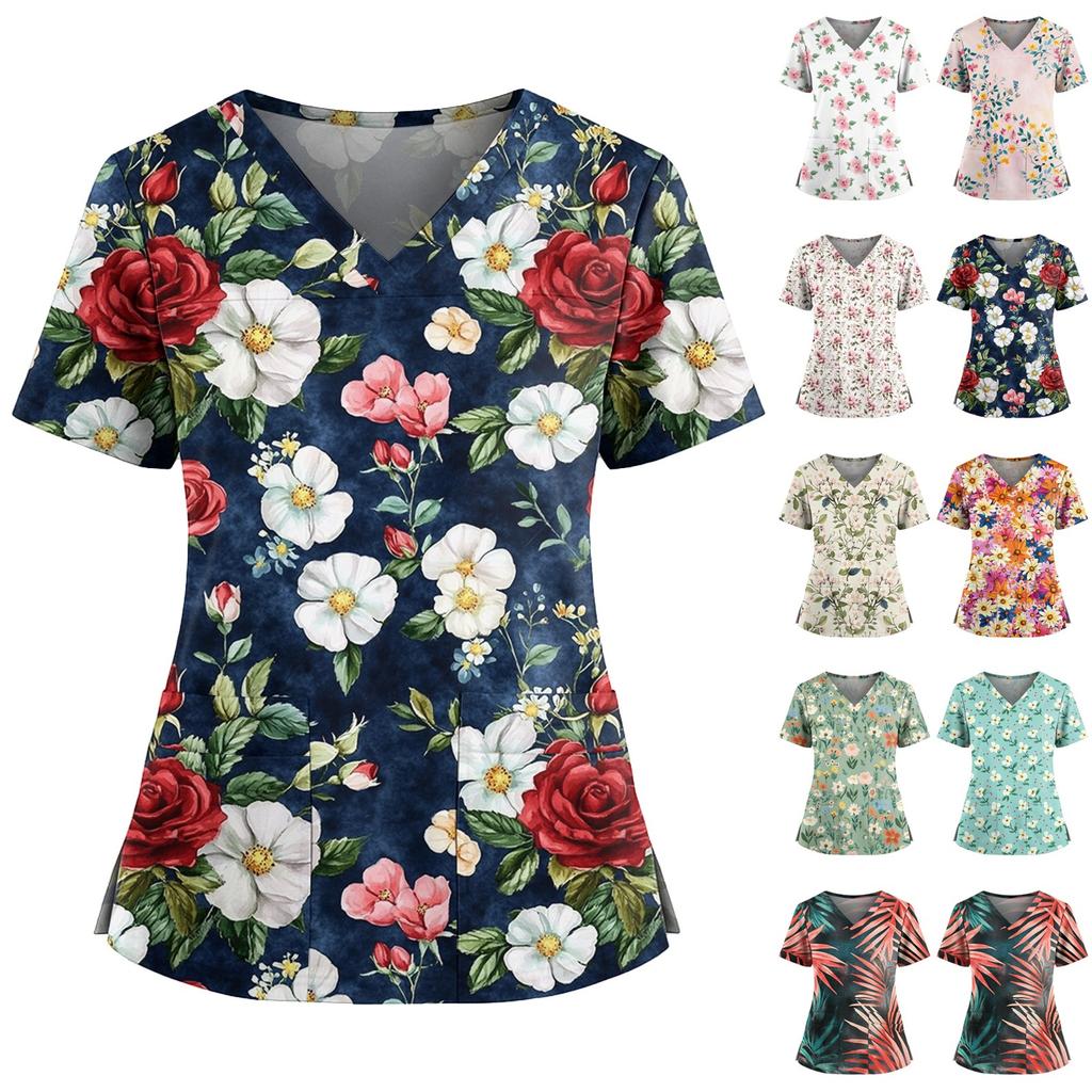 Women's Casual Printed V-Neck Pocket Side Slit Short Sleeved Top Short Sleeved Top