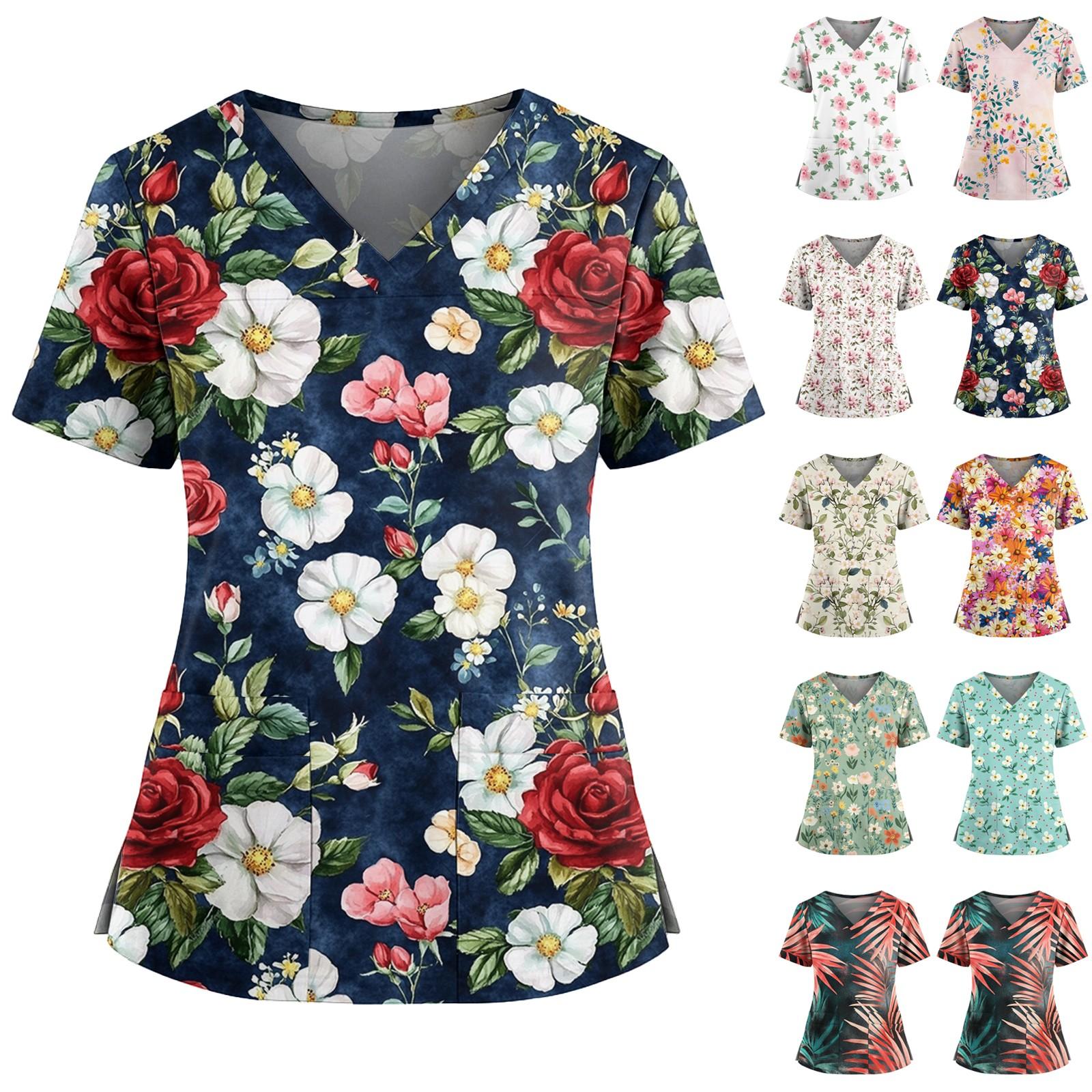 

Women s Casual Printed V-Neck Pocket Side Slit Short Sleeved Top Short Sleeved Top L