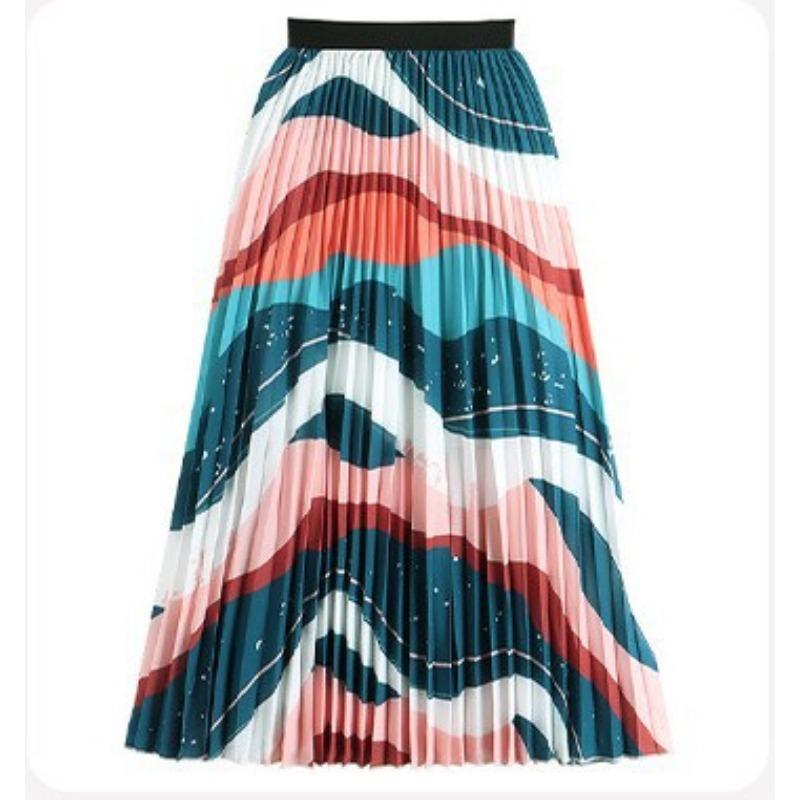DX~~ New Retro Digital Print Skirt Women's High-waisted Slim Midi A-line Pleated Skirt