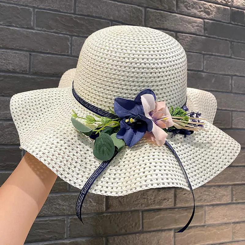 

WTEMPO Элегантные женские однотонные солнцезащитные шляпы с цветами для отдыха на природе, повседневные складные летние соломенные шляпы для путешествий и пляжа с широкими полями 1pc слоновая кость