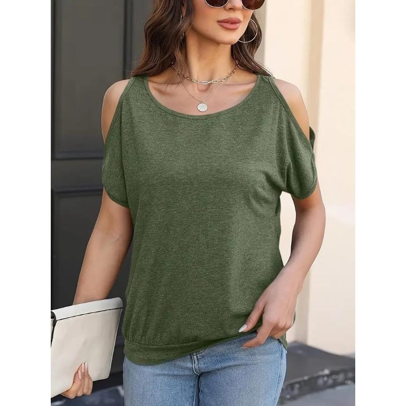 2025 Spring Summer Sexy Off-the-shoulder Short Sleeved Women Blouse Crew Neck Loose T-shirt Casual Simple Basic Solid Color Office Women Top Shirts