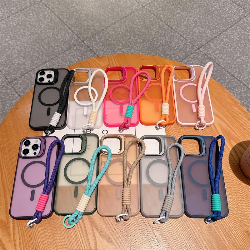 Luxury Matte PC Magnetic For Magsafe Cases For Apple iPhone 17 16 15 14 Plus 13 12 11 Pro Max Air Short Hand Rope Lanyard Cover
